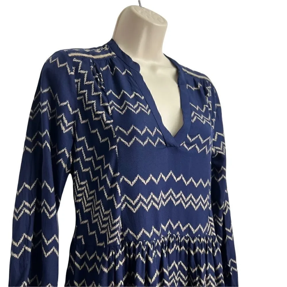 Holding Horses Anthropologie Navy and tan graphic print long sleeve dress